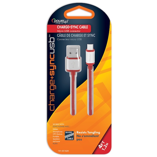 Power Up! Braided USB Cable w/ Metal Ends Micro USB 4ft Red 191-051829 - main